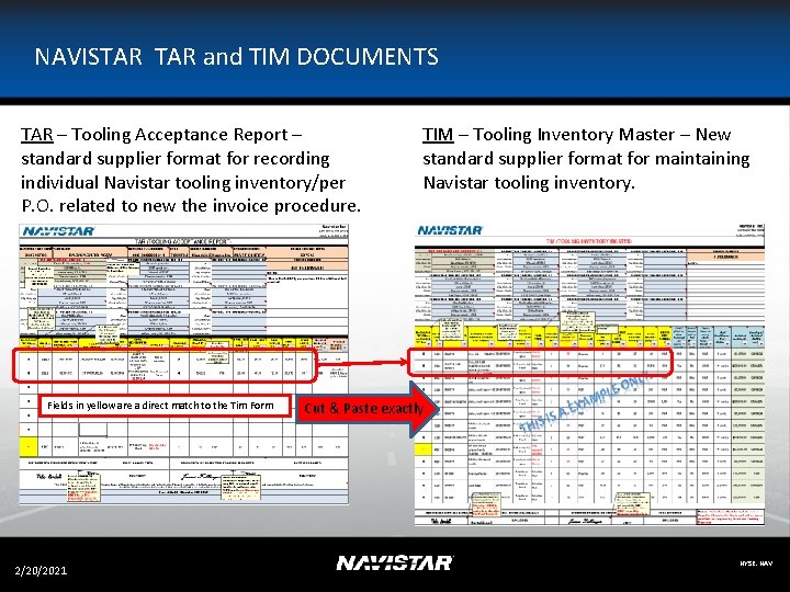 NAVISTAR and TIM DOCUMENTS TAR – Tooling Acceptance Report – standard supplier format for