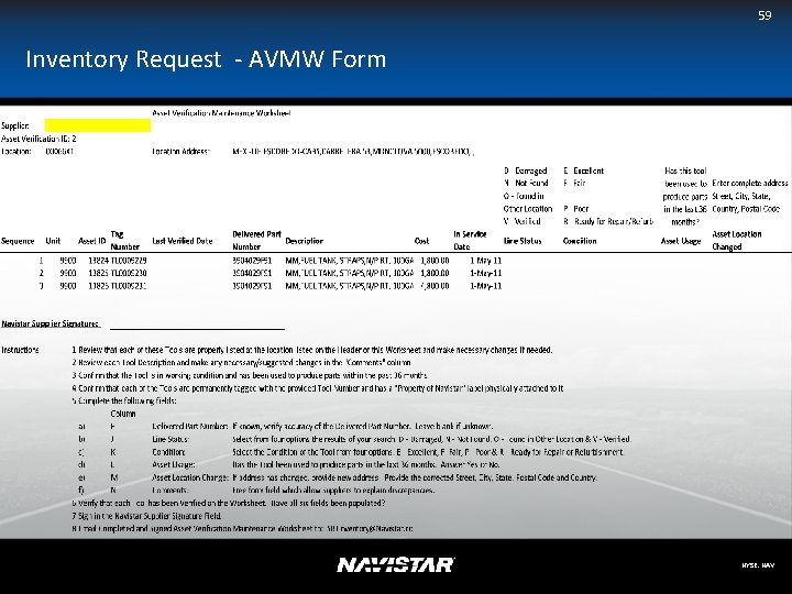  Inventory Request - AVMW Form 59 NYSE: NAV 