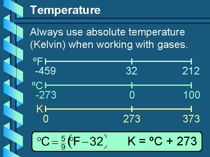 Temperature Always use absolute temperature (Kelvin) when working with gases. ºF -459 ºC -273