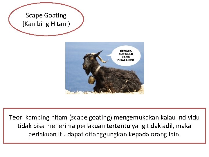 Scape Goating (Kambing Hitam) Teori kambing hitam (scape goating) mengemukakan kalau individu tidak bisa