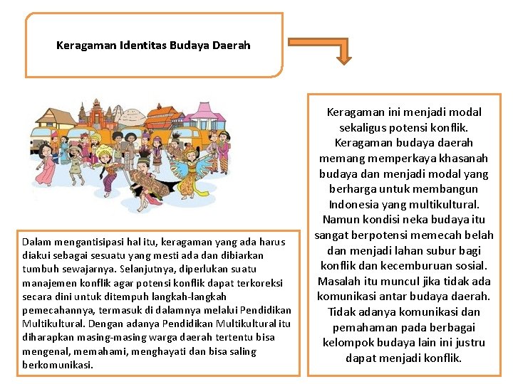 Keragaman Identitas Budaya Daerah Dalam mengantisipasi hal itu, keragaman yang ada harus diakui sebagai