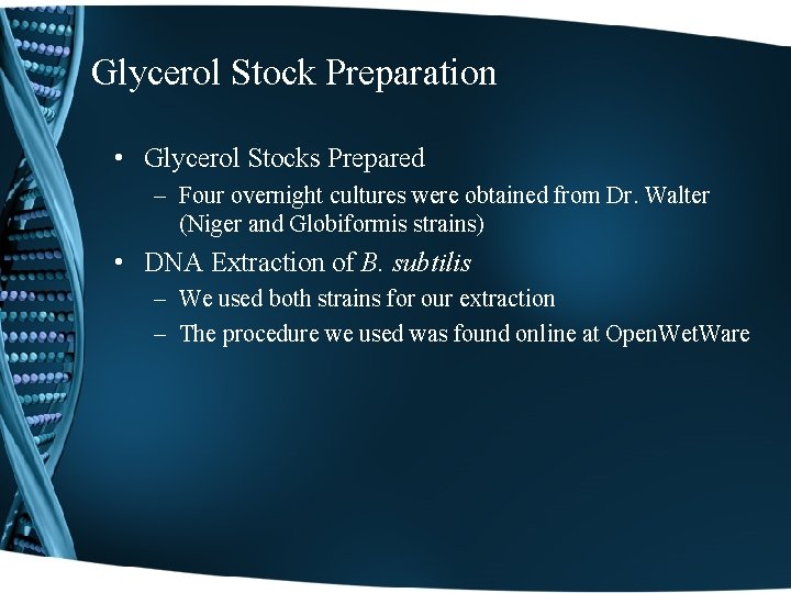 Glycerol Stock Preparation • Glycerol Stocks Prepared – Four overnight cultures were obtained from