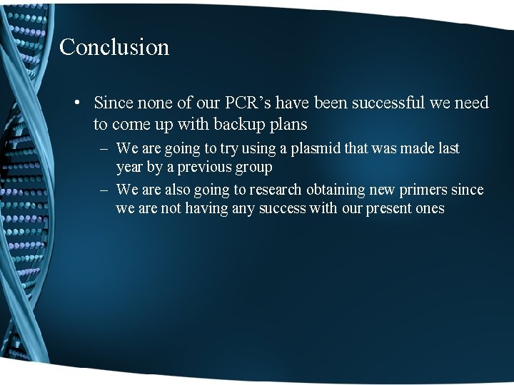 Conclusion • Since none of our PCR’s have been successful we need to come