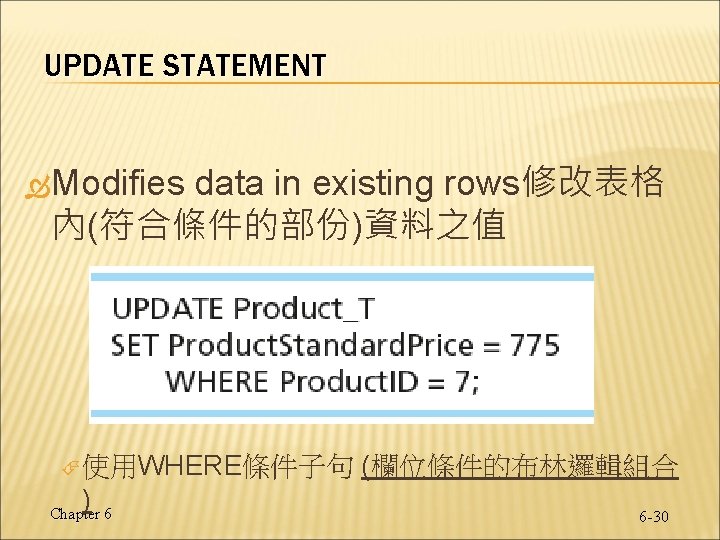 UPDATE STATEMENT Modifies data in existing rows修改表格 內(符合條件的部份)資料之值 使用WHERE條件子句 ) Chapter 6 (欄位條件的布林邏輯組合 6