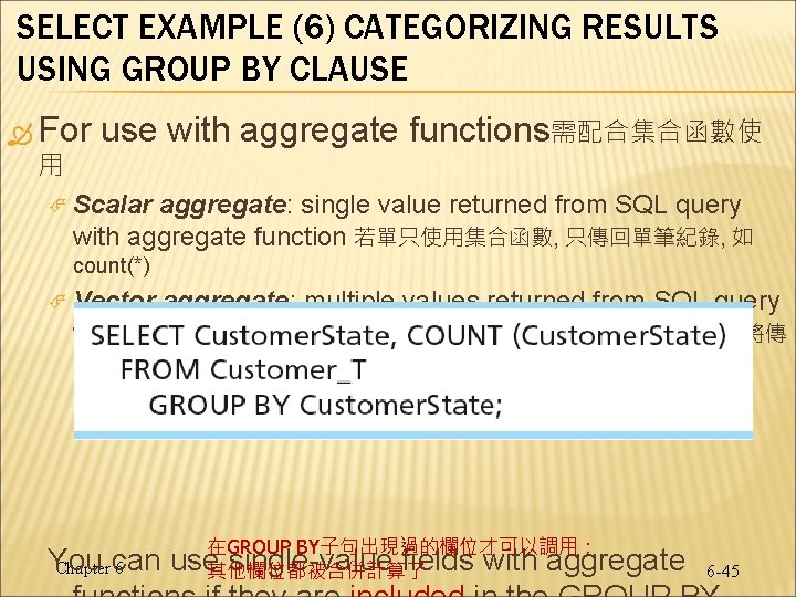 SELECT EXAMPLE (6) CATEGORIZING RESULTS USING GROUP BY CLAUSE For 用 use with aggregate