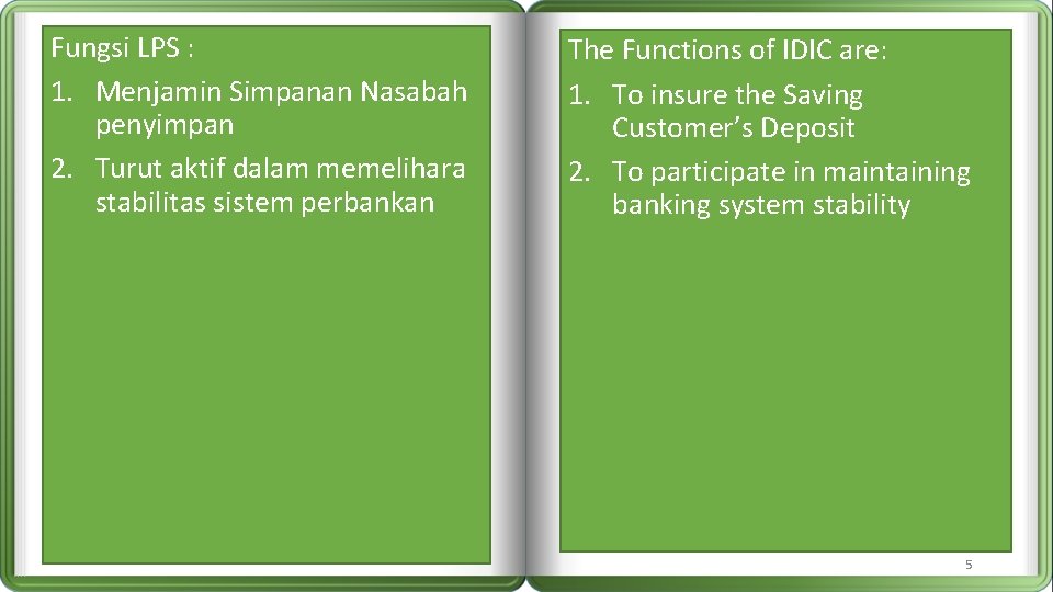 Fungsi LPS : 1. Menjamin Simpanan Nasabah penyimpan 2. Turut aktif dalam memelihara stabilitas