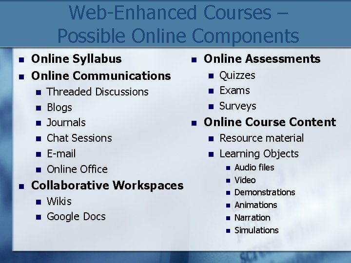 Web-Enhanced Courses – Possible Online Components n n Online Syllabus Online Communications n n