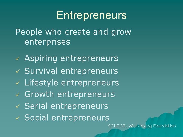 Entrepreneurs People who create and grow enterprises ü ü ü Aspiring entrepreneurs Survival entrepreneurs