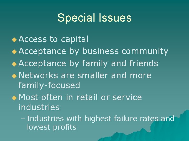 Special Issues u Access to capital u Acceptance by business community u Acceptance by