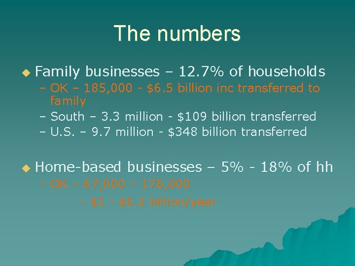 The numbers u Family businesses – 12. 7% of households – OK – 185,