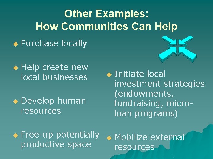 Other Examples: How Communities Can Help u u Purchase locally Help create new local