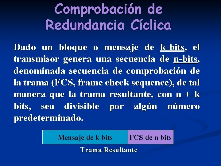 Comprobación de Redundancia Cíclica Dado un bloque o mensaje de k-bits, el transmisor genera