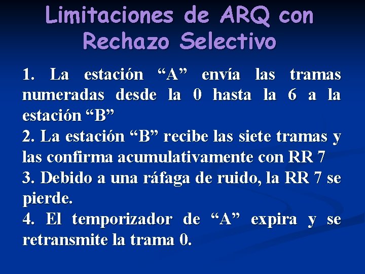 Limitaciones de ARQ con Rechazo Selectivo 1. La estación “A” envía las tramas numeradas