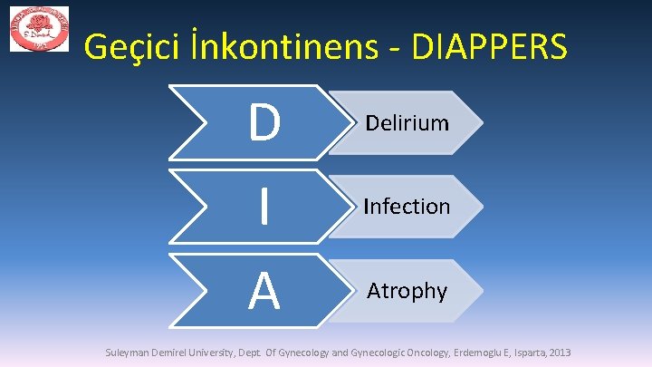 Geçici İnkontinens - DIAPPERS D I A Delirium Infection Atrophy Suleyman Demirel University, Dept.