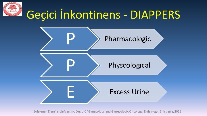 Geçici İnkontinens - DIAPPERS P P E Pharmacologic Physcological Excess Urine Suleyman Demirel University,