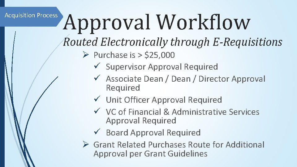 Acquisition Process Approval Workflow Routed Electronically through E-Requisitions Ø Purchase is > $25, 000