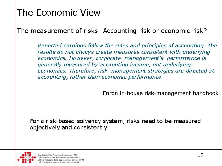 The Economic View The measurement of risks: Accounting risk or economic risk? Reported earnings