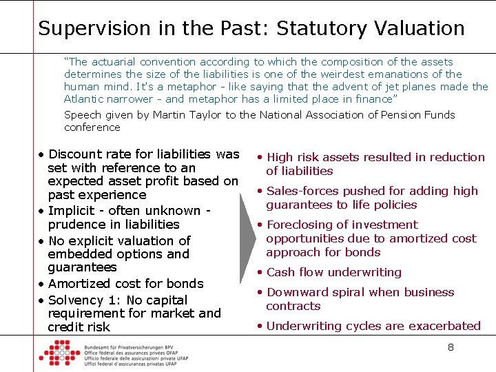 Supervision in the Past: Statutory Valuation “The actuarial convention according to which the composition