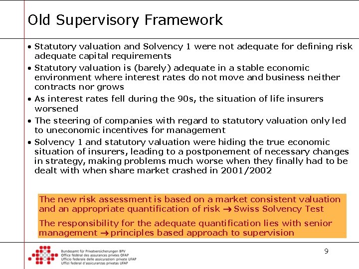 Old Supervisory Framework • Statutory valuation and Solvency 1 were not adequate for defining