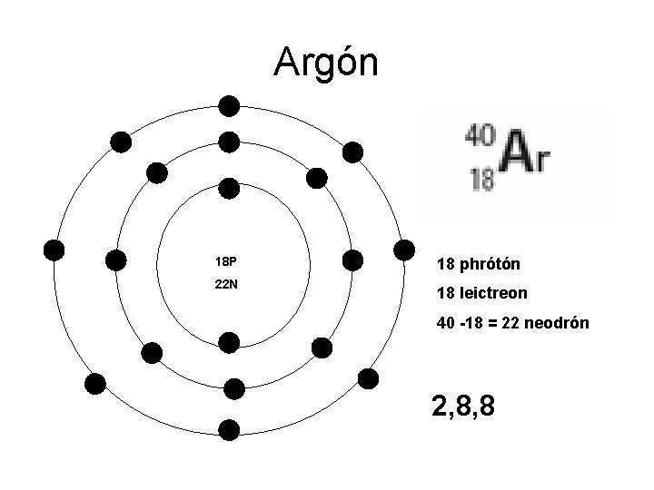 Argón 18 P 22 N 18 phrótón 18 leictreon 40 -18 = 22 neodrón