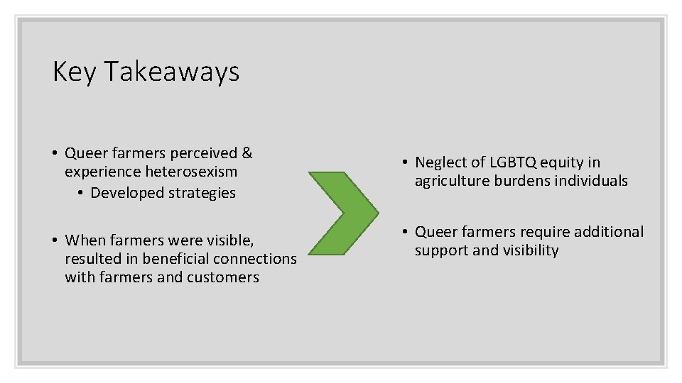 Key Takeaways • Queer farmers perceived & experience heterosexism • Developed strategies • When