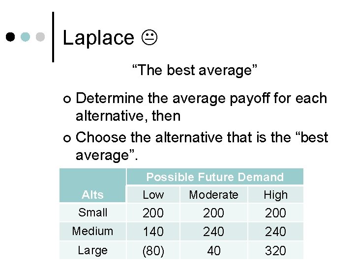 Laplace “The best average” Determine the average payoff for each alternative, then ¢ Choose