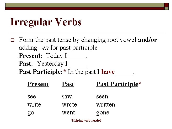 Irregular Verbs o Form the past tense by changing root vowel and/or adding –en