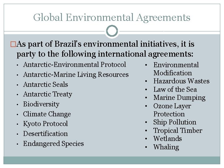 Global Environmental Agreements �As part of Brazil's environmental initiatives, it is party to the