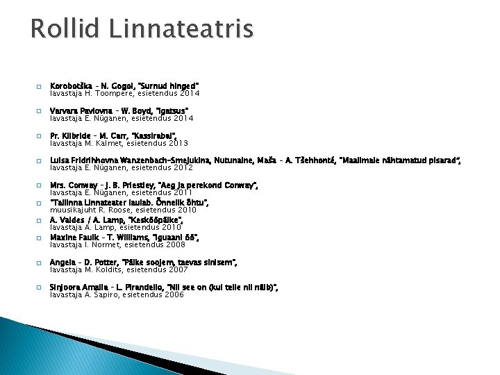 Rollid Linnateatris � � � � � Korobotška – N. Gogol, "Surnud hinged" lavastaja