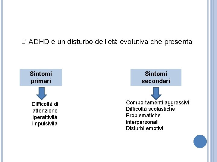 L’ ADHD è un disturbo dell’età evolutiva che presenta Sintomi primari Difficoltà di attenzione