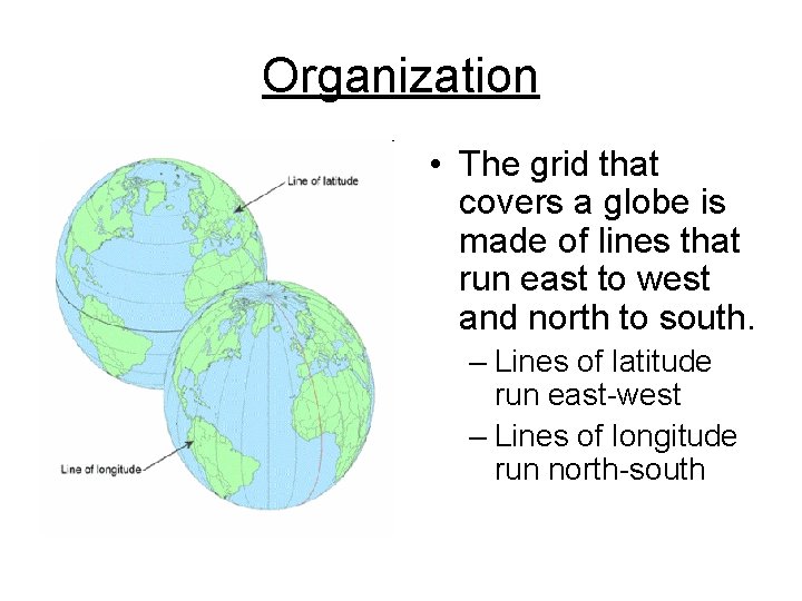 Organization • The grid that covers a globe is made of lines that run