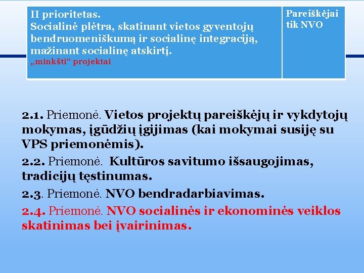 II prioritetas. Socialinė plėtra, skatinant vietos gyventojų bendruomeniškumą ir socialinę integraciją, mažinant socialinę atskirtį.