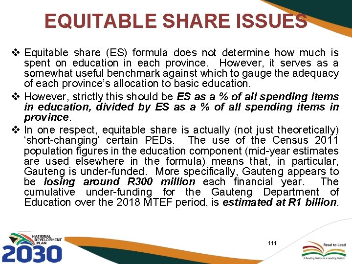 EQUITABLE SHARE ISSUES v Equitable share (ES) formula does not determine how much is