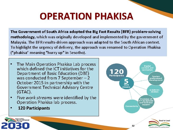 OPERATION PHAKISA The Government of South Africa adopted the Big Fast Results (BFR) problem-solving