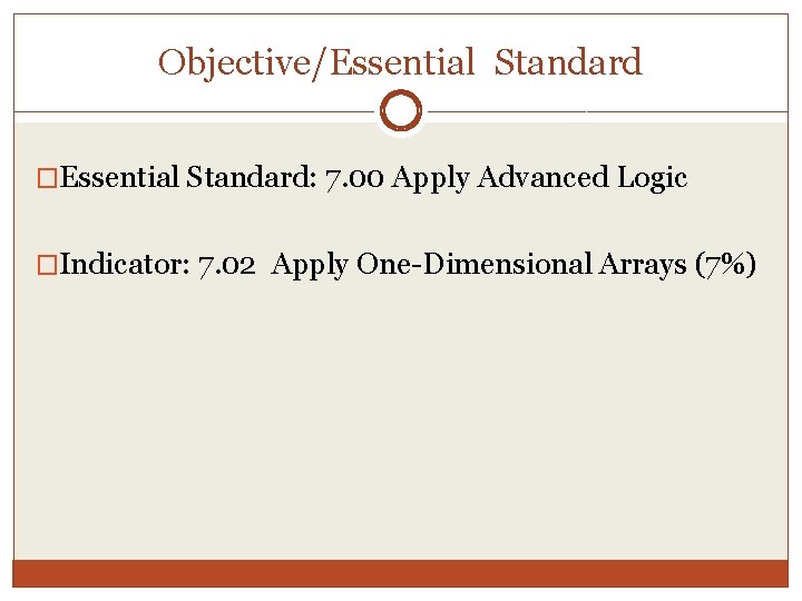 Objective/Essential Standard �Essential Standard: 7. 00 Apply Advanced Logic �Indicator: 7. 02 Apply One-Dimensional
