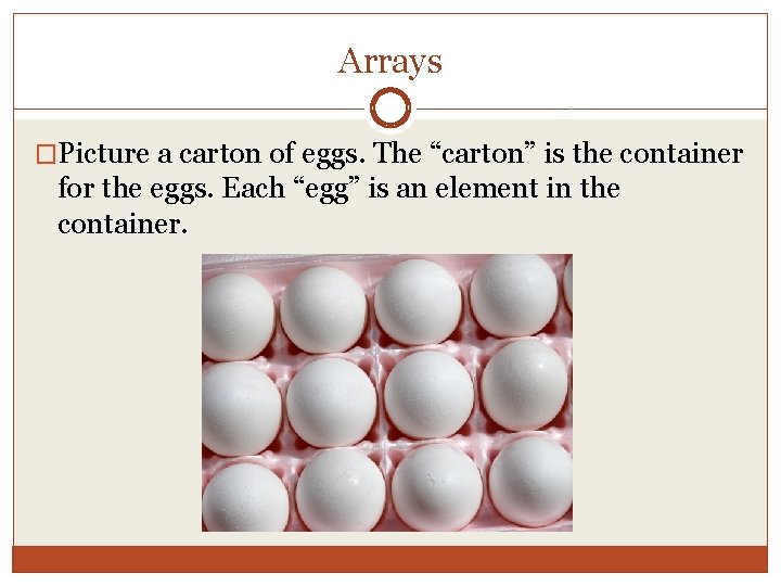 Arrays �Picture a carton of eggs. The “carton” is the container for the eggs.