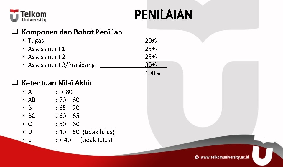 PENILAIAN q Komponen dan Bobot Penilian • • Tugas Assessment 1 Assessment 2 Assessment