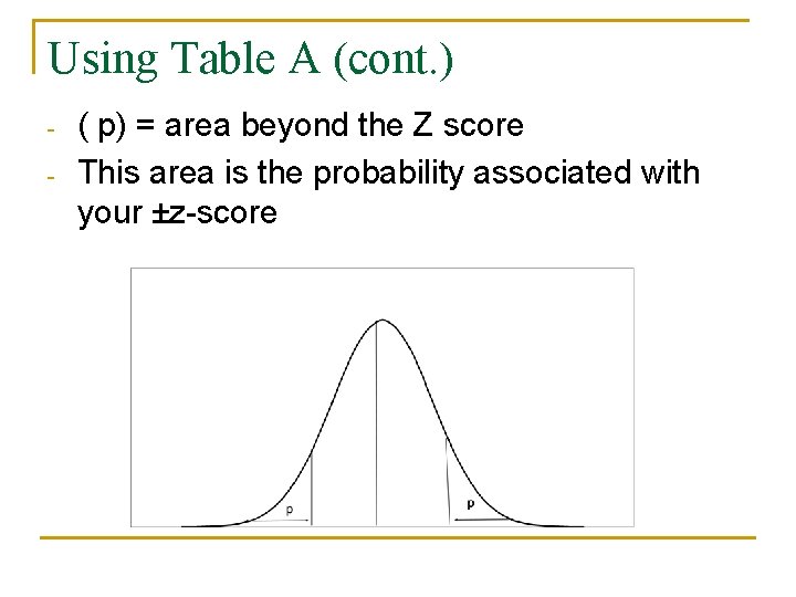 Using Table A (cont. ) - ( p) = area beyond the Z score