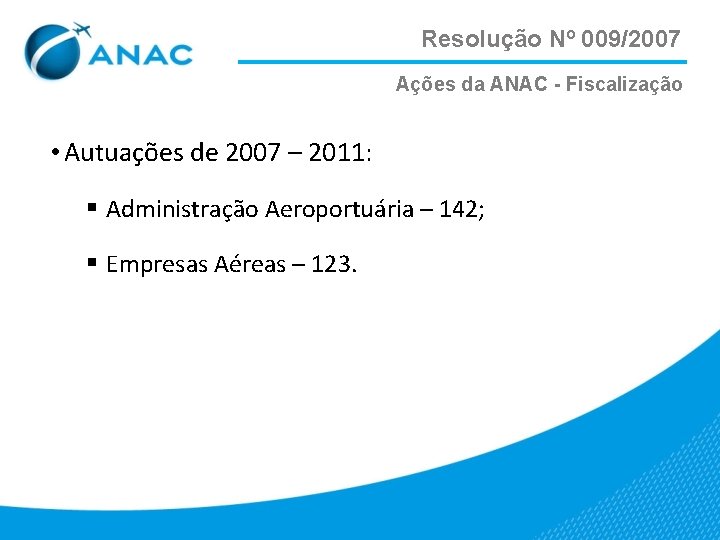 Resolução Nº 009/2007 Ações da ANAC - Fiscalização • Autuações de 2007 – 2011: