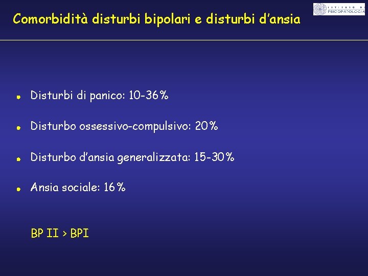 Comorbidità disturbi bipolari e disturbi d’ansia Disturbi di panico: 10 -36% Disturbo ossessivo-compulsivo: 20%