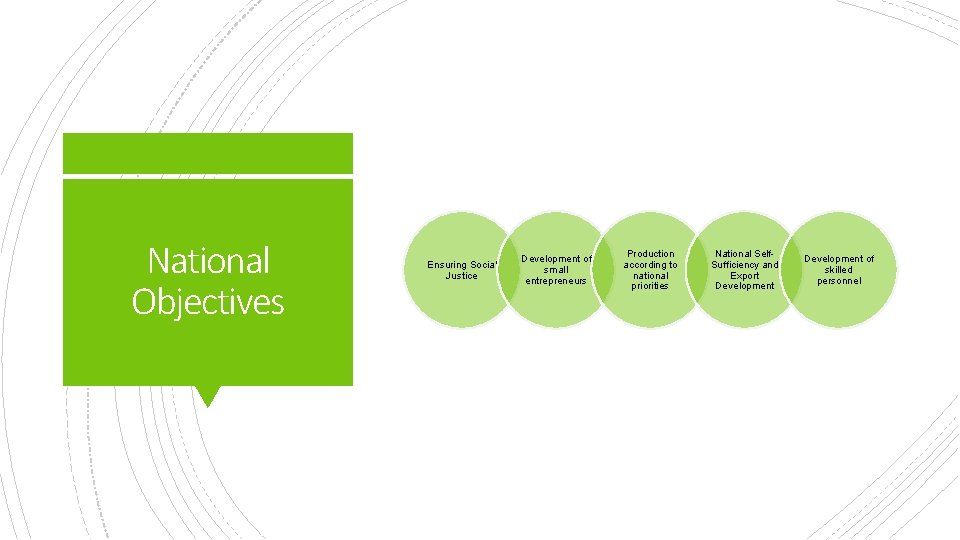 National Objectives Ensuring Social Justice Development of small entrepreneurs Production according to national priorities