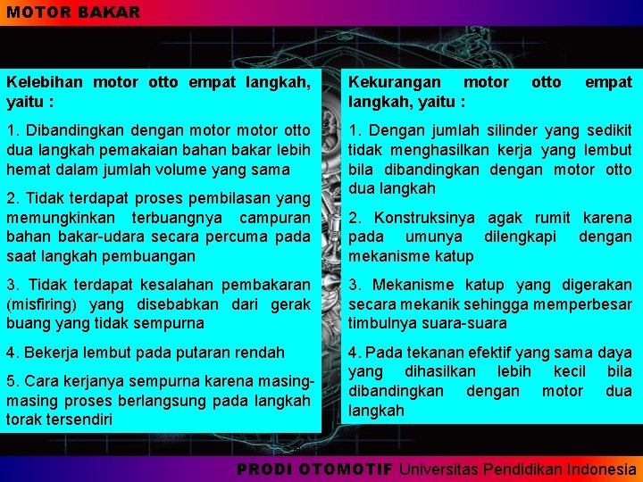 MOTOR BAKAR Kelebihan motor otto empat langkah, yaitu : Kekurangan motor langkah, yaitu :