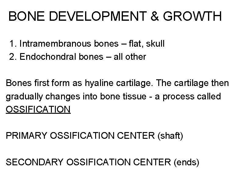 BONE DEVELOPMENT & GROWTH 1. Intramembranous bones – flat, skull 2. Endochondral bones –