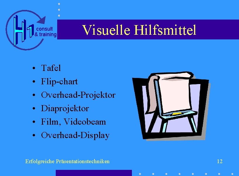 consult & training • • • Visuelle Hilfsmittel Tafel Flip-chart Overhead-Projektor Diaprojektor Film, Videobeam