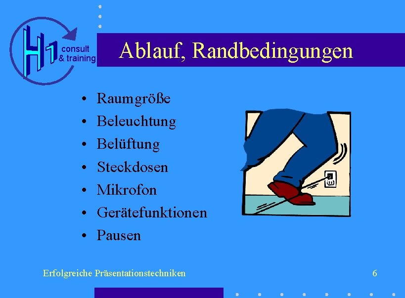 consult & training • • Ablauf, Randbedingungen Raumgröße Beleuchtung Belüftung Steckdosen Mikrofon Gerätefunktionen Pausen