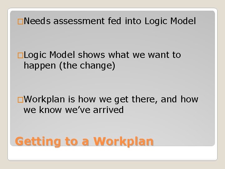 �Needs assessment fed into Logic Model �Logic Model shows what we want to happen