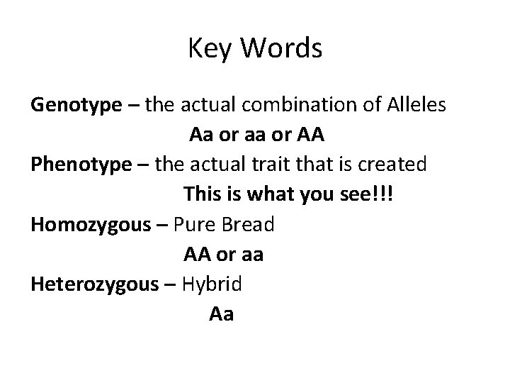 Key Words Genotype – the actual combination of Alleles Aa or aa or AA