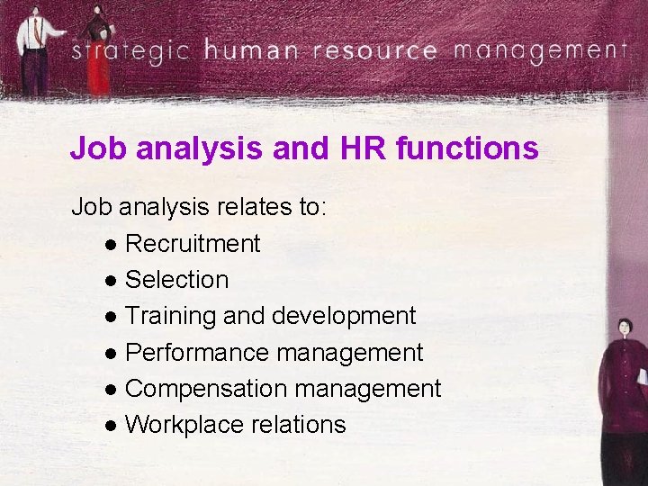 Job analysis and HR functions Job analysis relates to: l Recruitment l Selection l