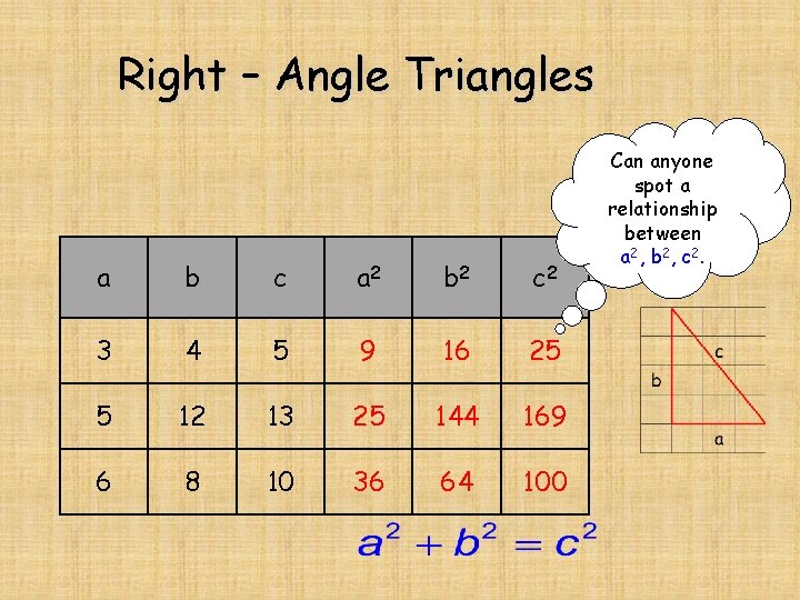 Right – Angle Triangles a b c a 2 b 2 c 2 3 Right – Angle Triangles a b c a 2 b 2 c 2 3
