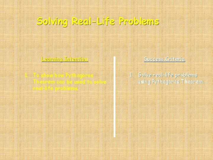 Solving Real-Life Problems Learning Intention 1. To show Pythagoras Theorem can be used to Solving Real-Life Problems Learning Intention 1. To show Pythagoras Theorem can be used to